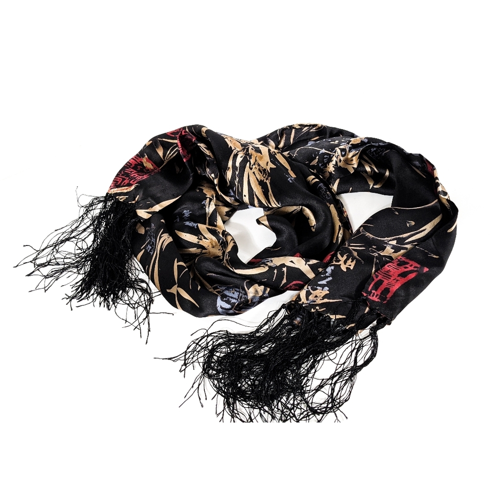 Silk Scarf Floral Long Fashion With Fringes